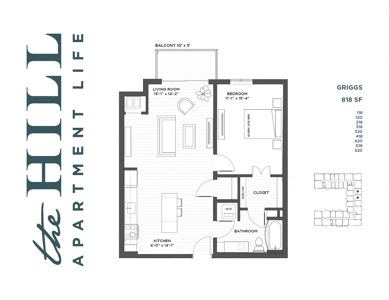 Floor plan for 1 bed, 1 bath, 818 sqft